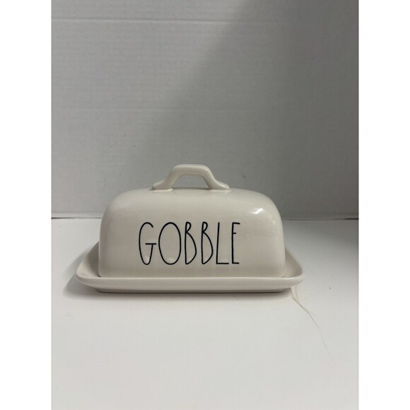 Rae Dunn GOBBLE Butter Dish White Ceramic Thanksgiving - Picture 1 of 6